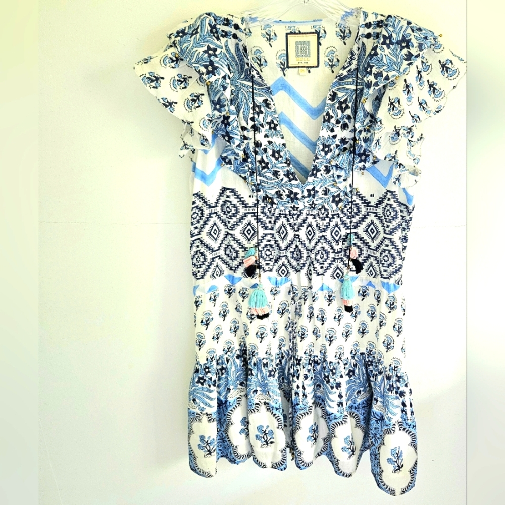 Bell By Alicia Bell Mini Dress Blue White Silk Voile